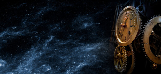 The mechanism of an old antique watch in outer space. Philosophy image of time transience.