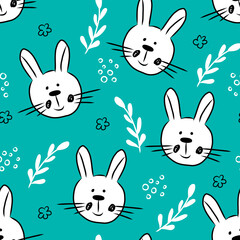 Seamless pattern with cute hand drawn bunny head in doodle style,easter illustration with rabbit,holiday decoration,print for wrapping paper,textile and fabric,kids and baby fashion,nursery design. 