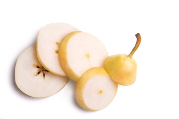 Sweet juicy pear slices isolated on white background. View from above.