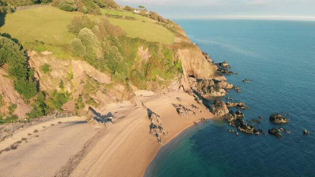 Aerial view of beautiful sandy beach with no people at Blackpool Sands, Dartmouth, England