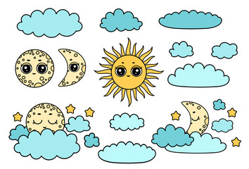 Kawaii sun and moon icons. Full moon, sun,  stars, clouds, young mooon. Cute set of night icons. Night children background. Cartoon sun and moon face. Color pastel heavenly body. Bedtime stories.