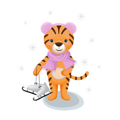 Cute little tiger in winter. Funny character holding skates and wearing warm earmuffs and a scarf. New Year scene.