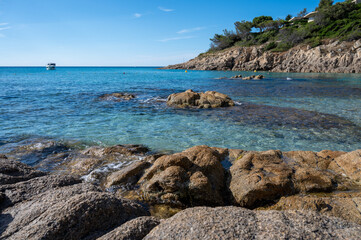 Summer holidays on French Riviera, rocks and sandy beach Escalet near Ramatuelle and Saint-Tropez, Var, France