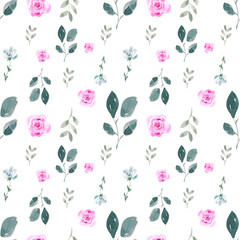 Seamless pattern with floral design on a white background. Watercolor flowers in blue and pink color in a seamless design