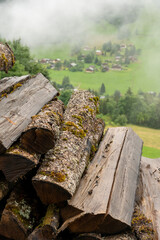 Panoramic view on mountain villages, green forests and apline meadows near Saint-Gervais-les-Bains, Savoy. France