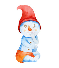 Happy watercolor winter holidays snowman. Illustration for cards, decor, congratulations.
