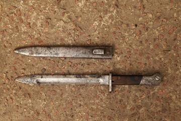 old bayonet knife with scabbard on the ground