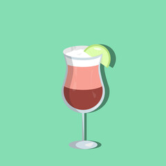 Simple flat icon, pink cocktail in glass with lime on light green background