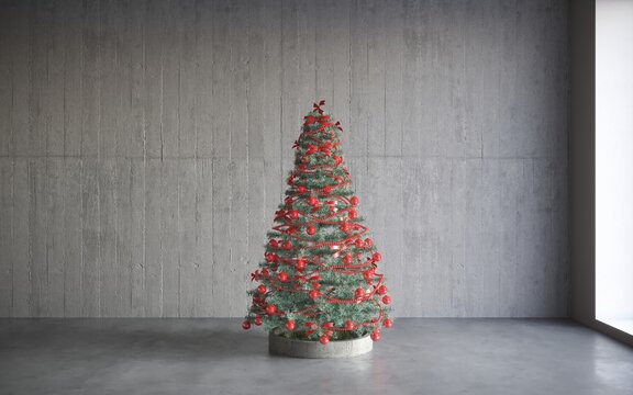 christmas tree with colorful balls. gray wall background with a lot of copy space for text. Holiday background. New Year. 3D illustration, cg render