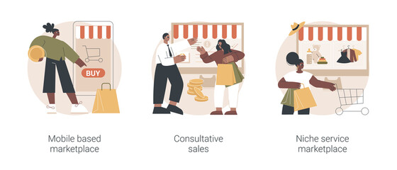 E-commerce application abstract concept vector illustration set. Mobile based marketplace, consultative sales, niche service online retail, buy and sell products with smartphone abstract metaphor.