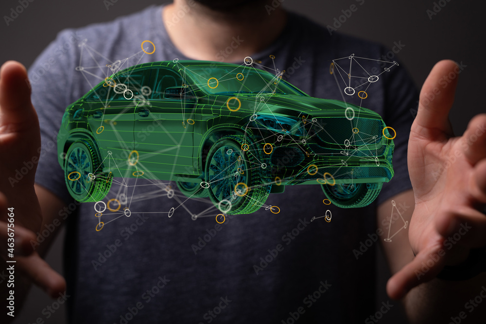Poster Electric car icon from lines, triangles and particle style