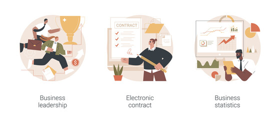 Company management abstract concept vector illustration set. Business leadership, electronic contract, financial report and statistics, decision making, marketing research abstract metaphor.