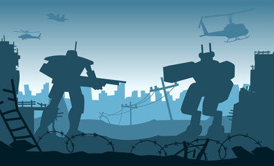 Silhouette design of robot are fighting in destroyed city between of war,vector illustration