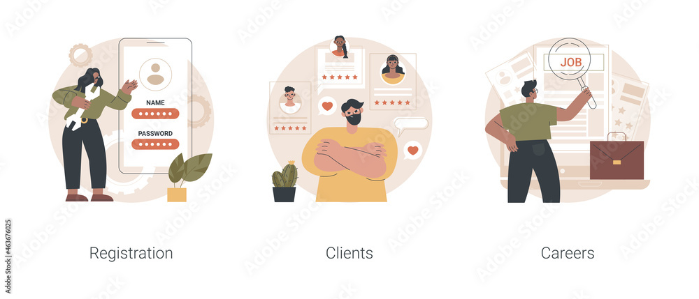 Poster company website navigation abstract concept vector illustration set. registration page, name and pas