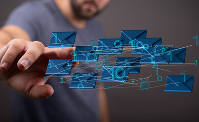 touching 3D rendering flying email icon with his fin