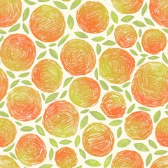 Seamless pattern with abstract fruit elements, peach, orange, apricot. Bright green and red colorful juicy wallpaper for textile, gift wrapping paper, kitchen design. 