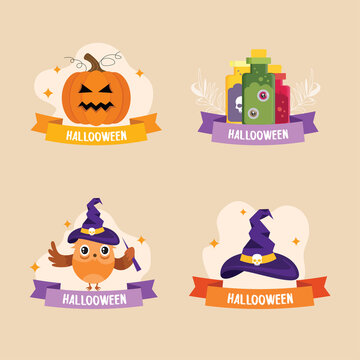 Halloween assets, Hand drawn flat Halloween labels collection 
