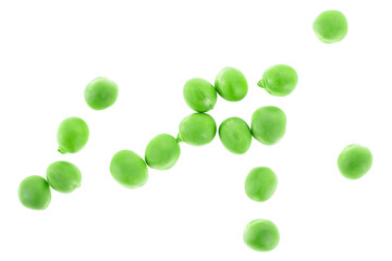 Fresh green peas isolated on a white background, top view. Organic green peas.
