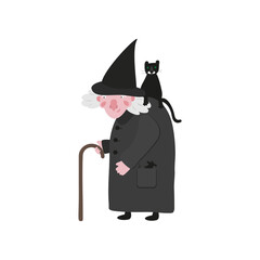 Halloween witch in a black cloak and hat. Cute witch with a black cat and a stick. 