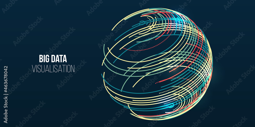 Poster Vector technology background. Big data visualization. Abstract stream information with circles array and binary code. Information analytics concept. Filtering machine algorithms. Sorting data.