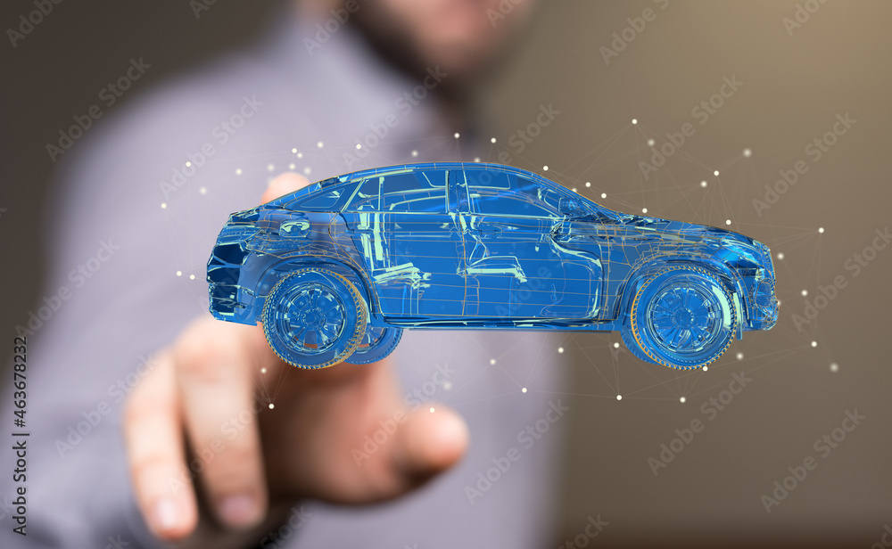 Poster electric car icon from lines, triangles and particle style
