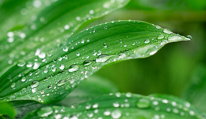 drops of water on green leaves on nature backgrounds