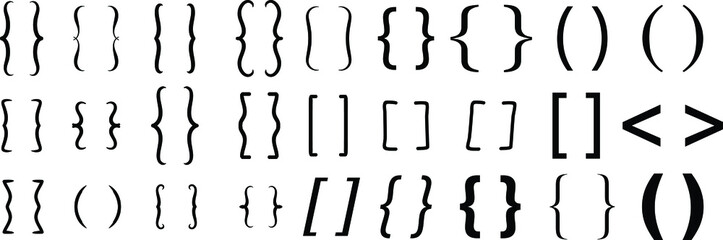 Different brackets set. Vector illustration. Black bracket set. Set of Text brackets design.Icons vintage typography symbol.