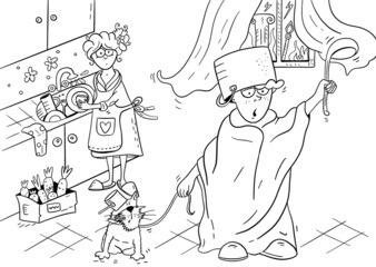 Coloring book page - Mother and child. Funny illustration of family.