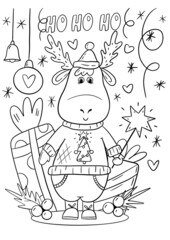 Christmas coloring book page illustration with cartoon deer. Hohoho lettering. Coloring illustration for kids.