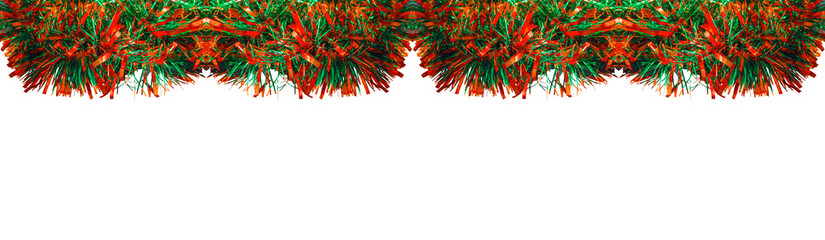 Colorful Christmas tinsel. Christmas fluffy red and blue tinsel isolated on a white background. The...