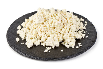 Bowl of cottage cheese, isolated on white background.
