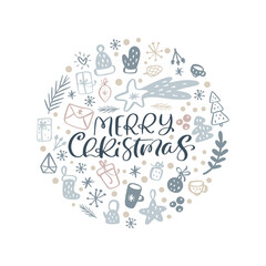Merry Christmas vector scandinavian calligraphic vintage text in form of round ball with xmas elements. Doodle Greeting card template with vintage style elements Illustration