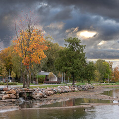 Autumn landscape, city park with paths and beautiful colored trees, lake embankment with ducks. Cloudy weather.