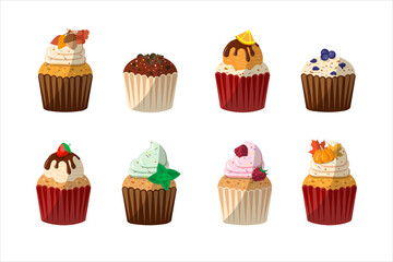 Decorated muffins set. cupcakes with pumpkin, strawberry, blueberry, raspberry, mint, chocolate, orange