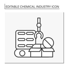  Pharmaceutical chemistry line icon. Manufacturing of medications. Producing drugs for people treatment. Chemical industry concept. Isolated vector illustration. Editable stroke