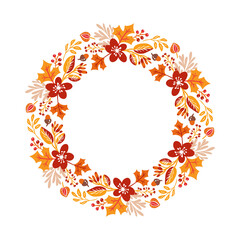 Vector Autumn round frame. Wreath of fall leaves. Background with hand drawn autumn leaves with place for your text. doodle scandinavian design elements illustration
