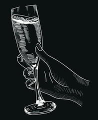 hand drawn illustration of a glass of champagne. Vector isolated illustration on white background. Concept for logo. cards. print