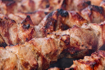 shish kebab meat on skewers close up Grilled Caucasus Barbecue