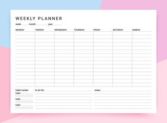 Weekly planner. Timetable for week with habit tracker, to do list and notes. Vector illustration. Journal page template. Homework organizer. Simple schedule. Empty blank of diary. Paper size A4.