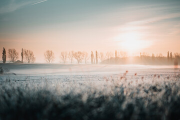 First sunlight on a early cold winter morning with frozen grass landscape and bright foggy glow. Misty winter morning with orange sunrise countryside landscape