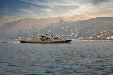 NATO military Greek frigate off the coast of Corfu.