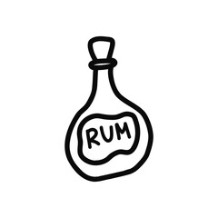 Bottle of rum. Alcoholic drink for pirate. Black and white vector isolated illustration hand drawn single object doodle