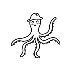 Happy octopus in a hat. Black and white vector isolated illustration hand drawn doodle