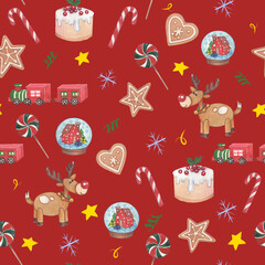 Winter seamless pattern with holly berries, candy, deer, christmas socks. Christmas backgrounds collection. Can be used for wallpaper, pattern fills, surface textures, fabric prints.
