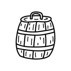 Wooden barrel with lid, tub. Container for storing drinks. Black and white vector isolated illustration hand drawn single doodle