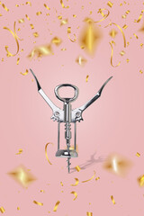 Creative layout with corkscrew and flying confetti. Minimal Holiday, opening, party and celebration concept.