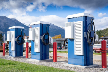 Jasper Alberta Canada, October 05 2021: Electric vehicle car charging station recently installed in...