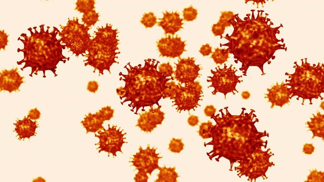 Loopable: Microscopic generic coronavirus family yellow-orange virus particles flying. Abstract 3D animation background.