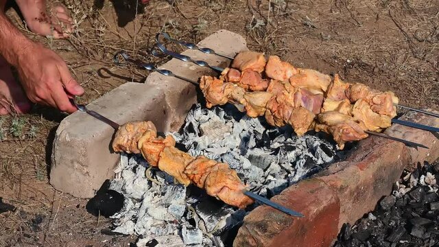 Man fries tradition kebabs shashlik on picnic.  
