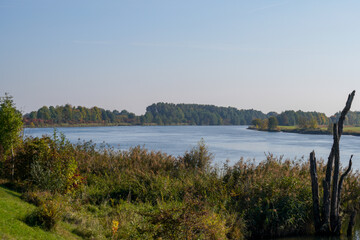 Autumn colors in different panorama shots in green and brown tones along the Danube near Bavaria